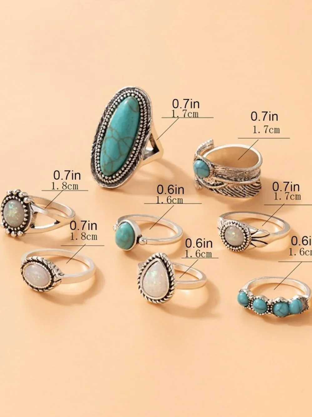 Turquoise Ring Set for Women Western Jewelry Silver Statement Vintage Rings Stac - Picture 6 of 7